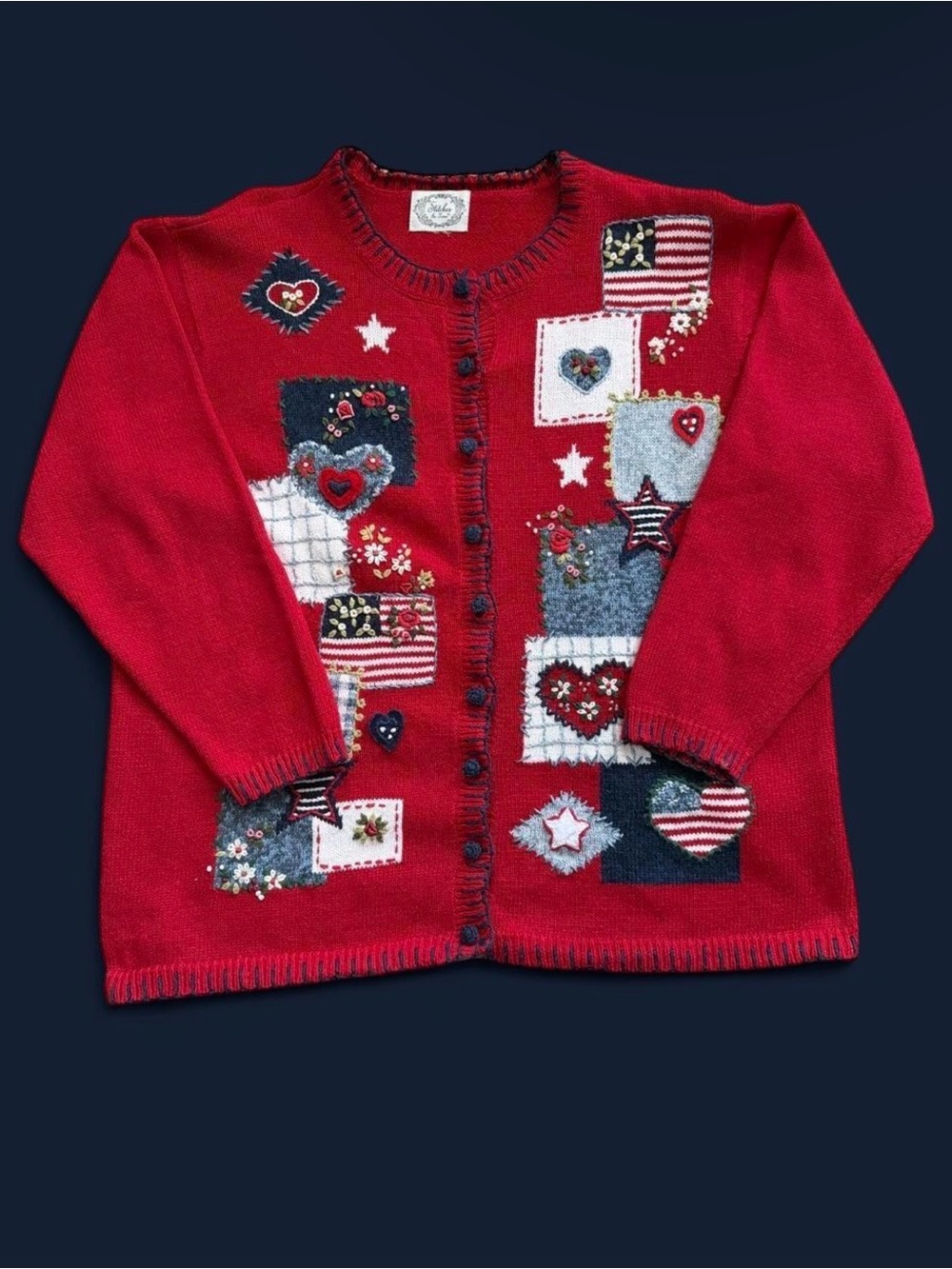 Red Patriotic Cardigan with Embroidered Hearts and Stars